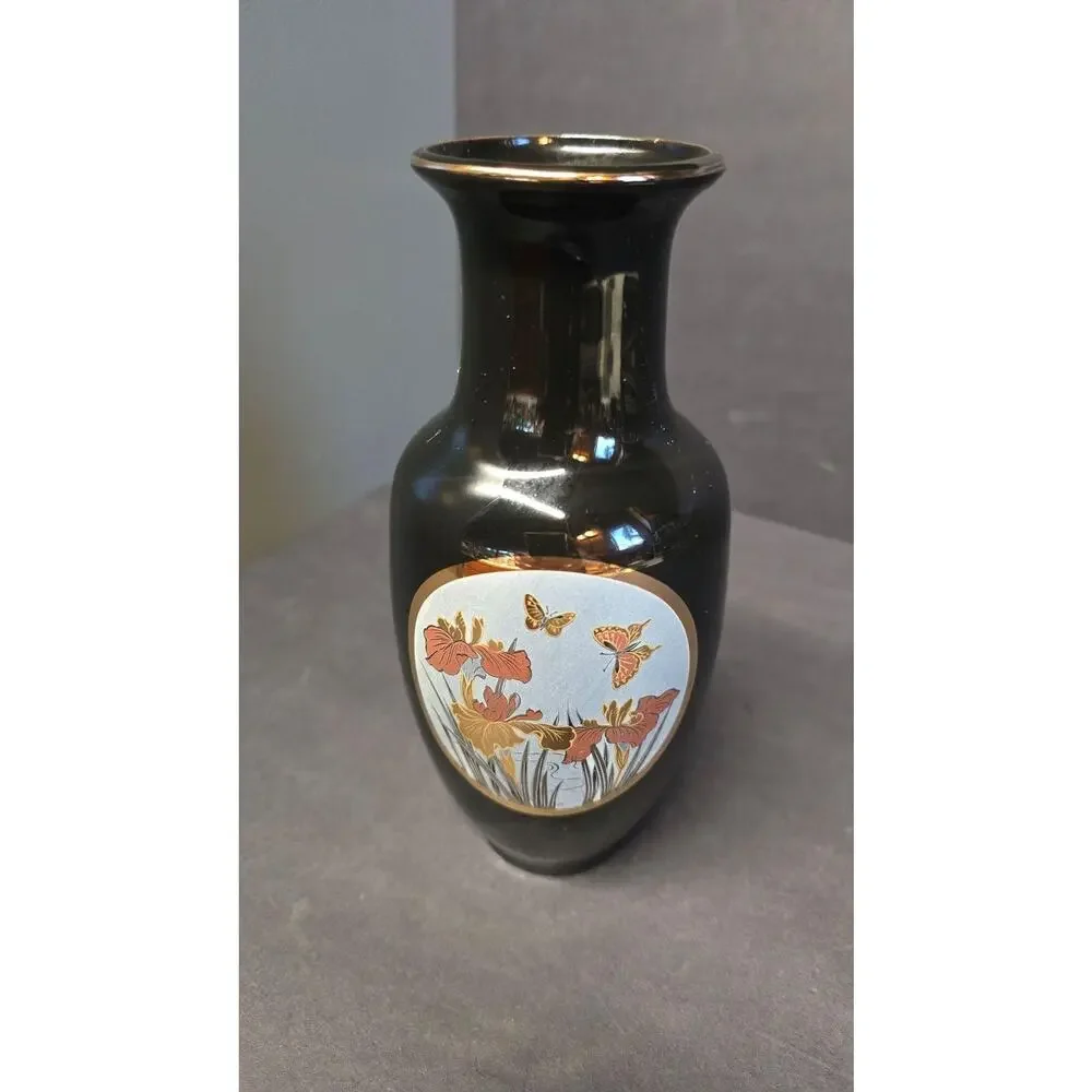 Vintage Fine China Floral Butterfly Vase Black Porcelain Japan Copper Gold Tone